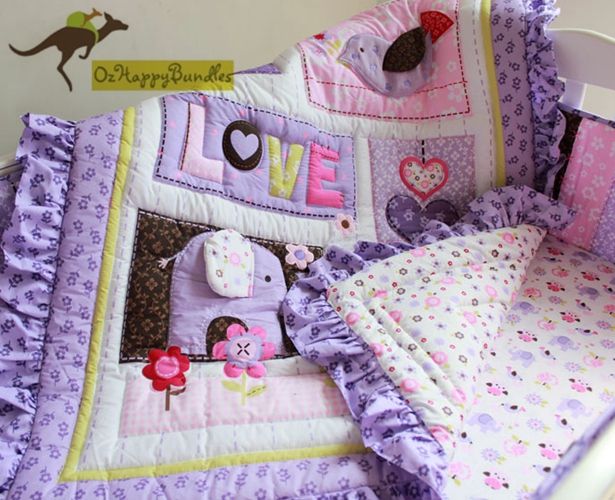 New Baby Girls 8 Pieces Cotton Nursery Bedding Crib Cot Sets-- Purple ...